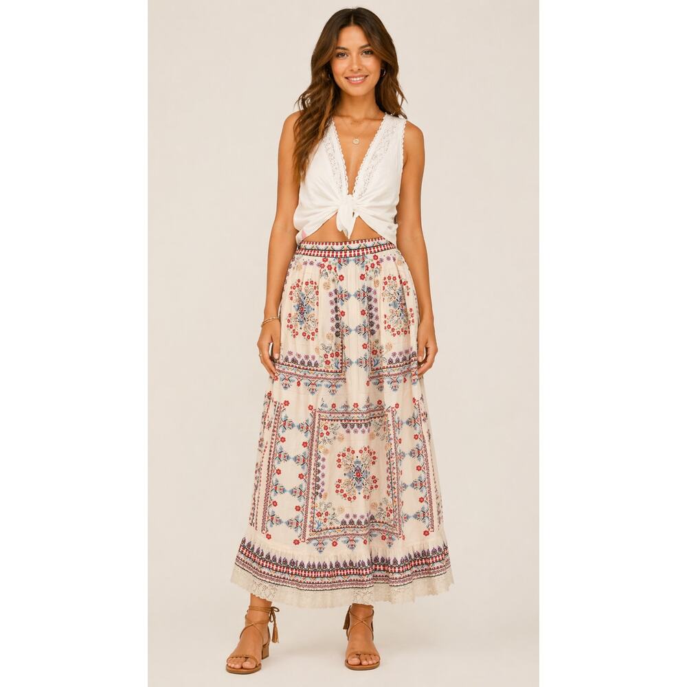 M.A.B.E Eden Maxi Skirt Womens Small Cotton Silk Boho Floral Tiered New Bohemian